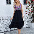 Hand Hook Flower Stitching Cotton Yarn Fabric Purple Sleeveless Dress