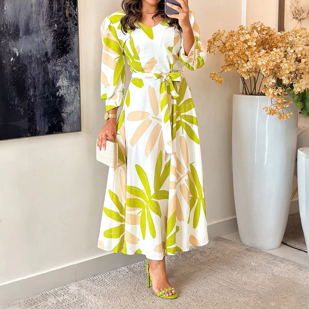 Women's Loose-Fit Casual Waist-Cinching Printed Long-Sleeve Dress With Drawstring