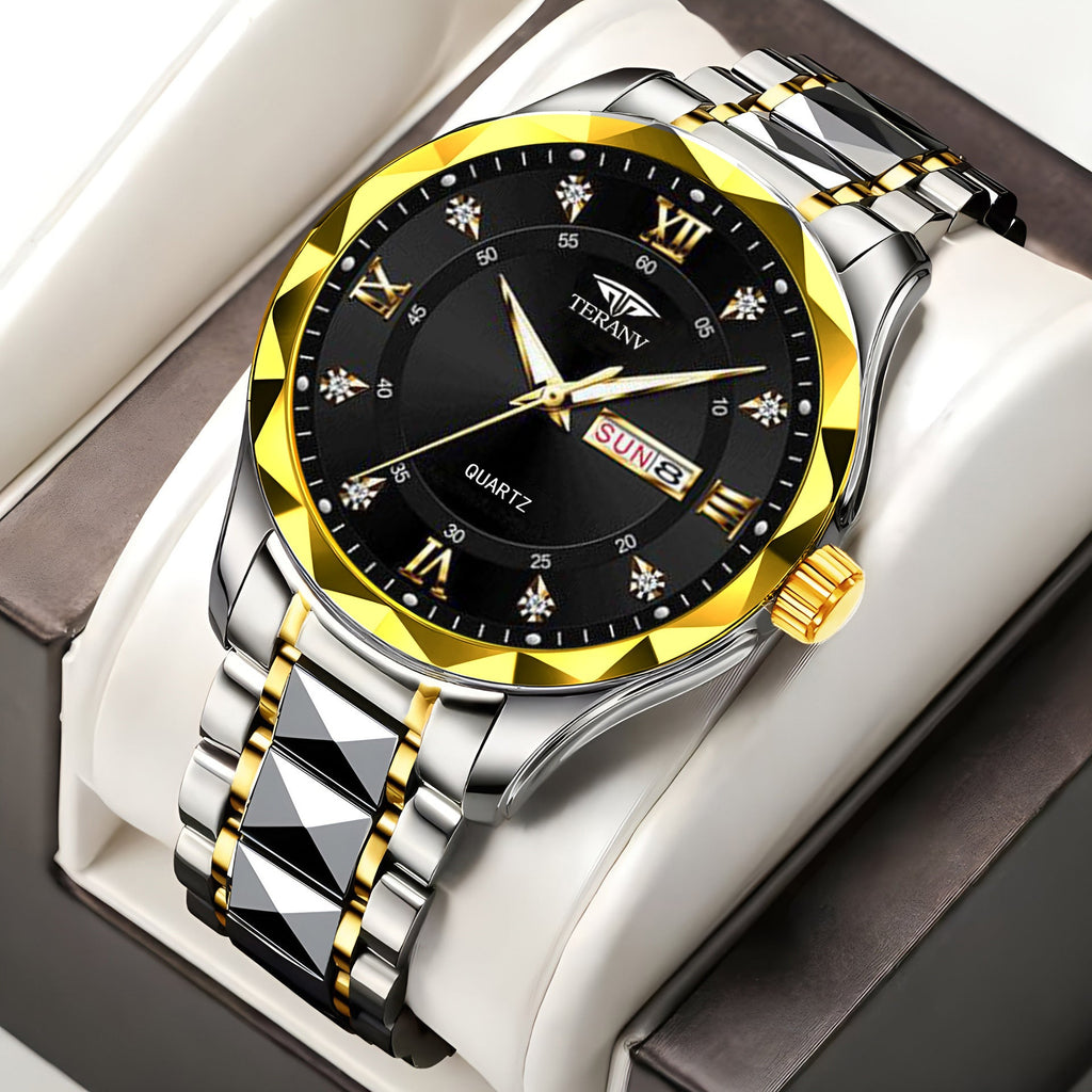 Men's Diamond Shell Calendar Watch - Stainless Steel Luxury Timepiece