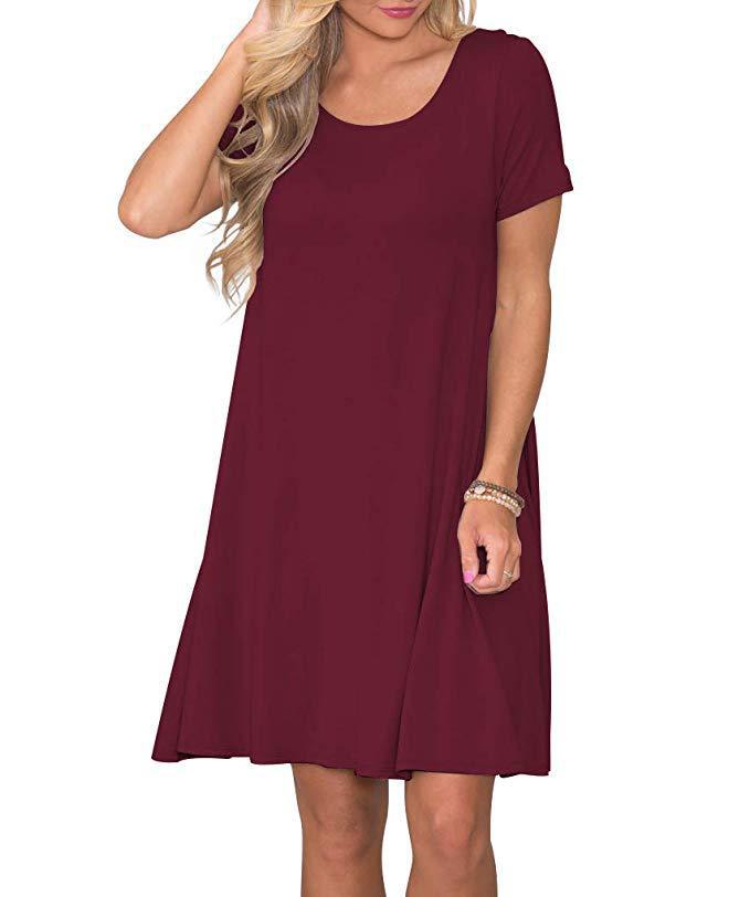 New Women's Round-neck Solid-color Casual Short-sleeve Swing Dress With Pockets