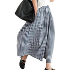 High-waisted Cotton-linen Plaid Wide-leg Pantskirt Loose-fitting Casual Trousers Elegant Style