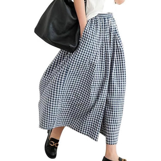 High-waisted Cotton-linen Plaid Wide-leg Pantskirt Loose-fitting Casual Trousers Elegant Style