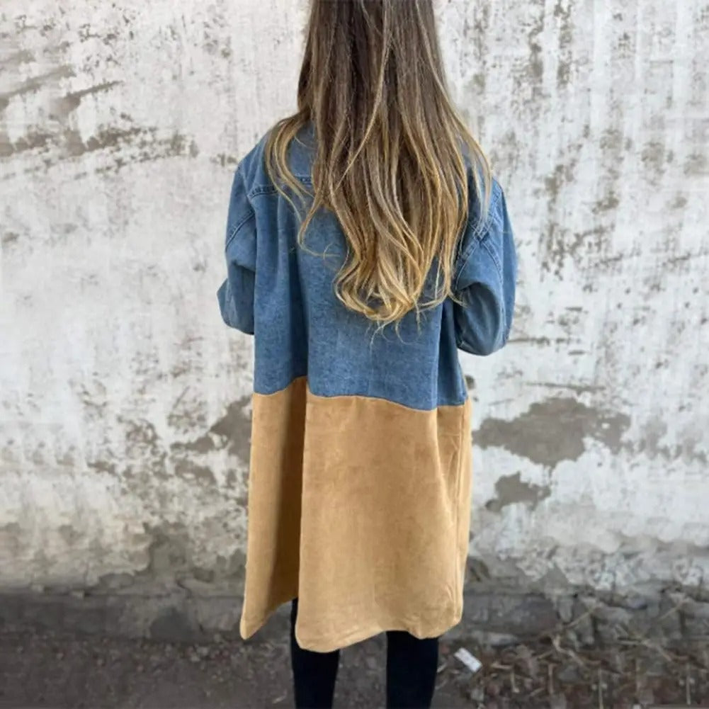 Women's Suit Collar Denim Stitching Mid-length Coat