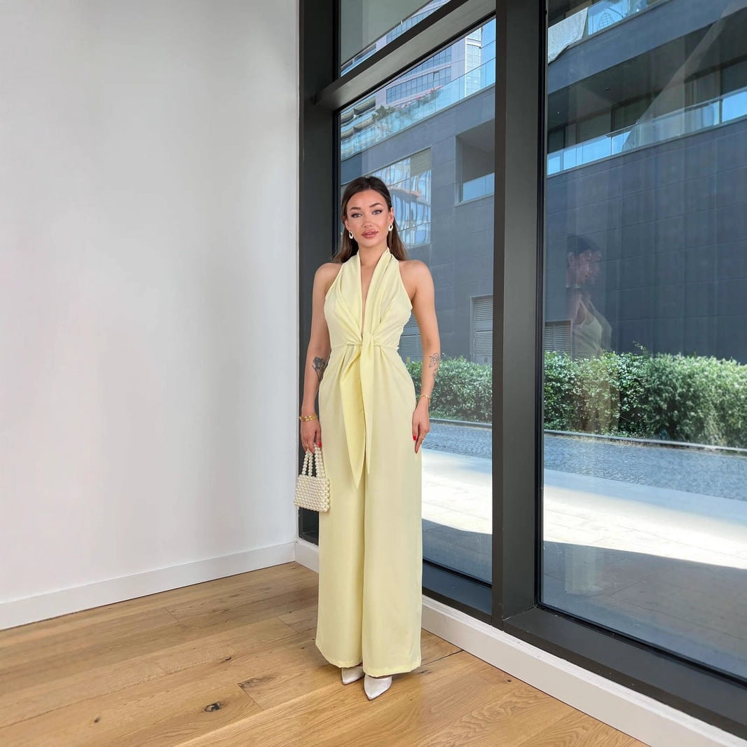 Neck-strap Lace-up Sleeveless Waist-cinching Top Sexy Jumpsuit
