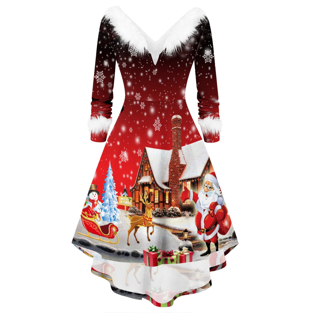 Women's Christmas Long Sleeve V-neck Irregular Dress