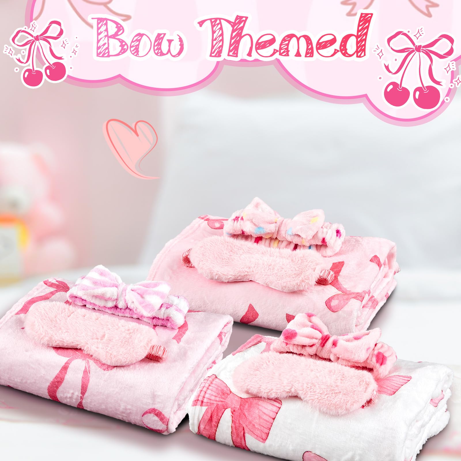 Fanfanwin 18-Piece Sleepover Party Supplies for Girls – Pink Bow Blanket, Headbands & Eye Masks