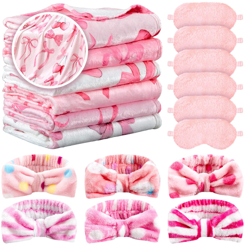 Fanfanwin 18-Piece Sleepover Party Supplies for Girls – Pink Bow Blanket, Headbands & Eye Masks