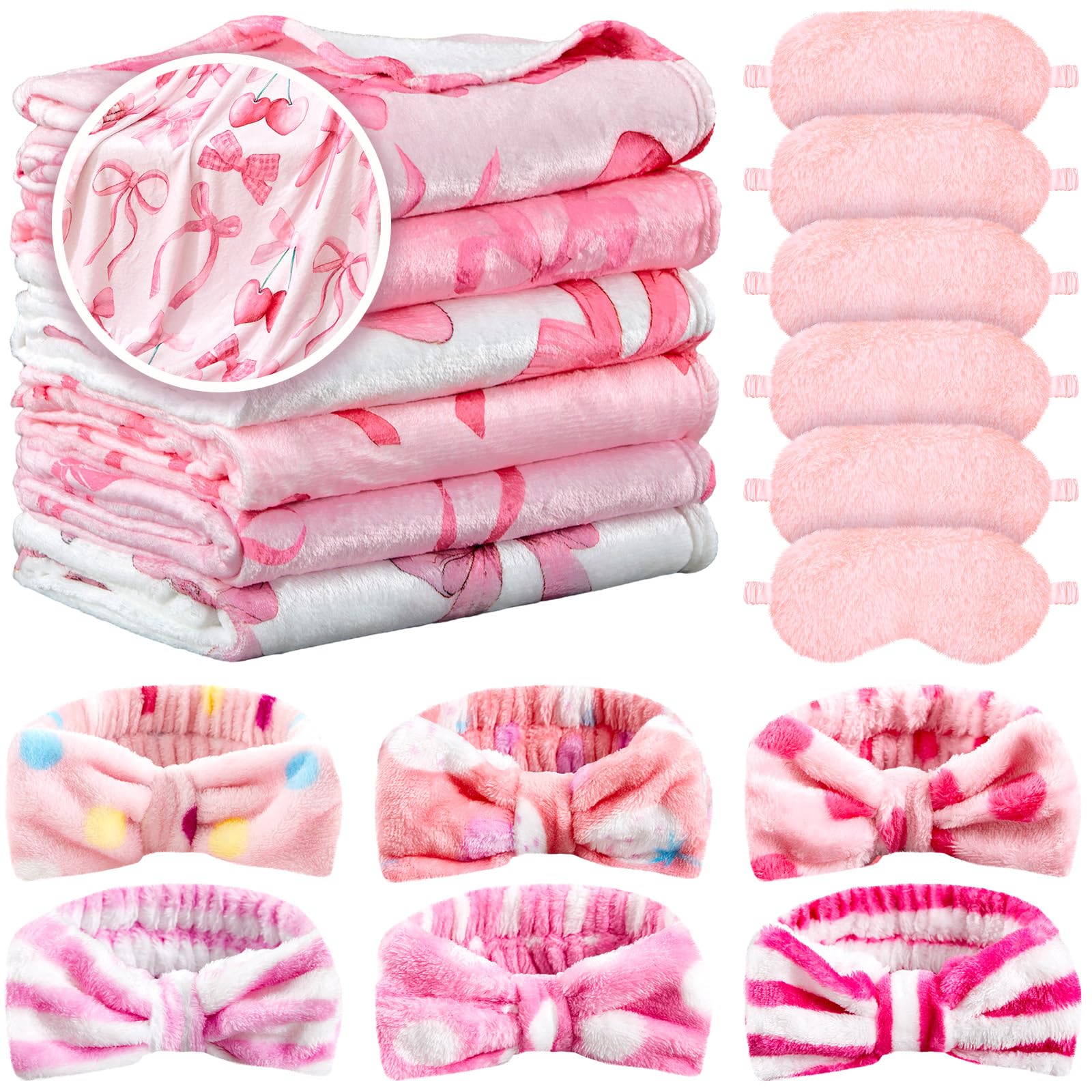 Fanfanwin 18-Piece Sleepover Party Supplies for Girls – Pink Bow Blanket, Headbands & Eye Masks