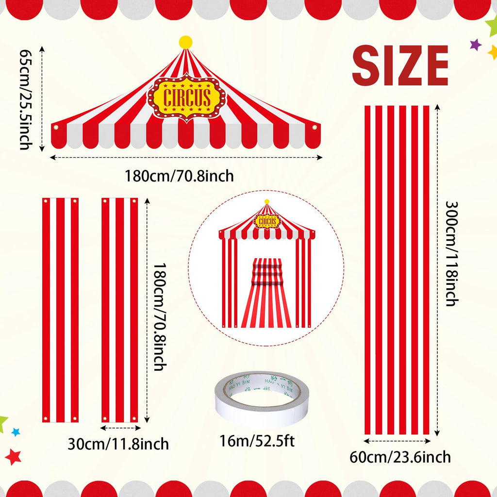 Fanfanwin 4 Pcs Carnival Circus Tent Decorations – Entryway Awning, Banners & Floor Runner