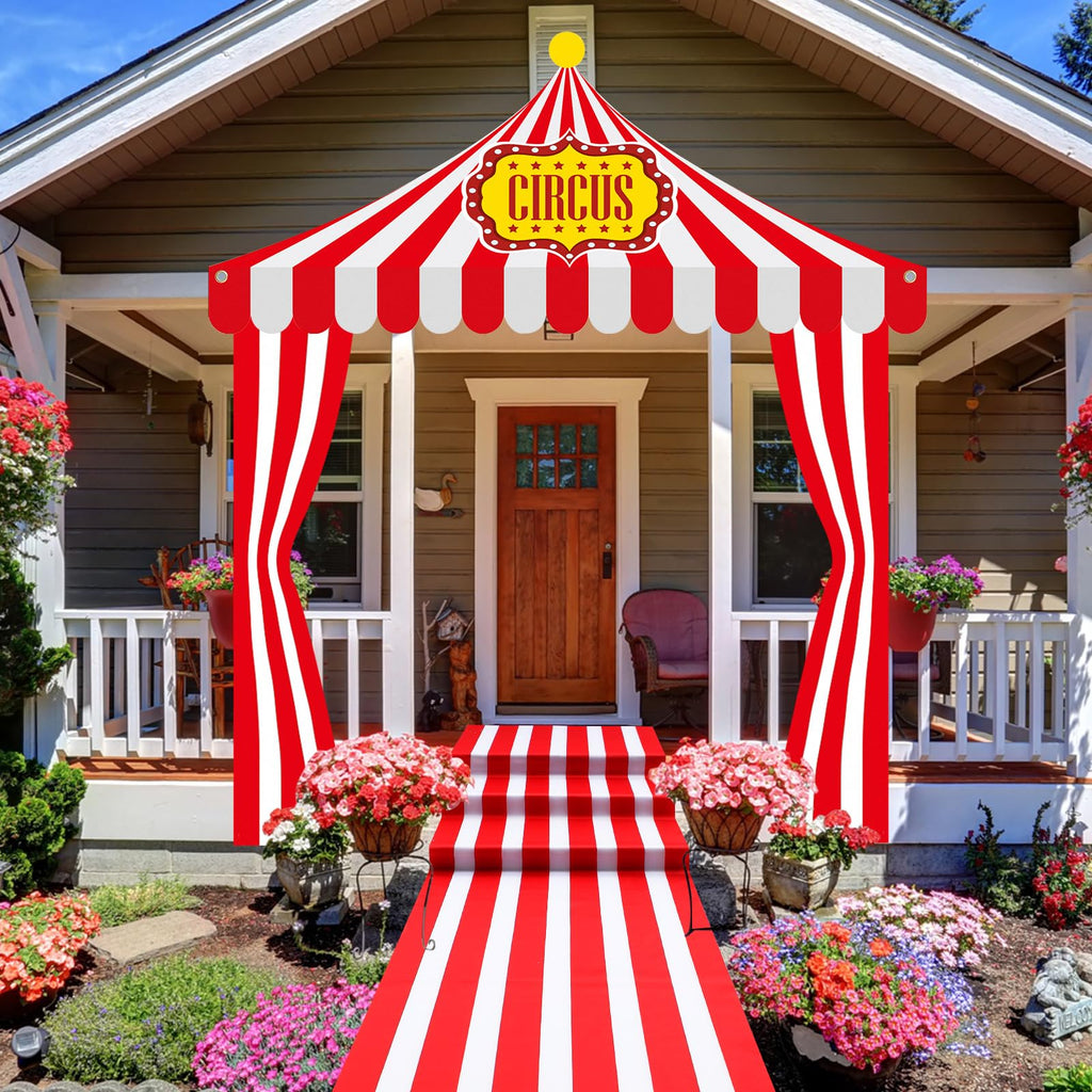 Fanfanwin 4 Pcs Carnival Circus Tent Decorations – Entryway Awning, Banners & Floor Runner