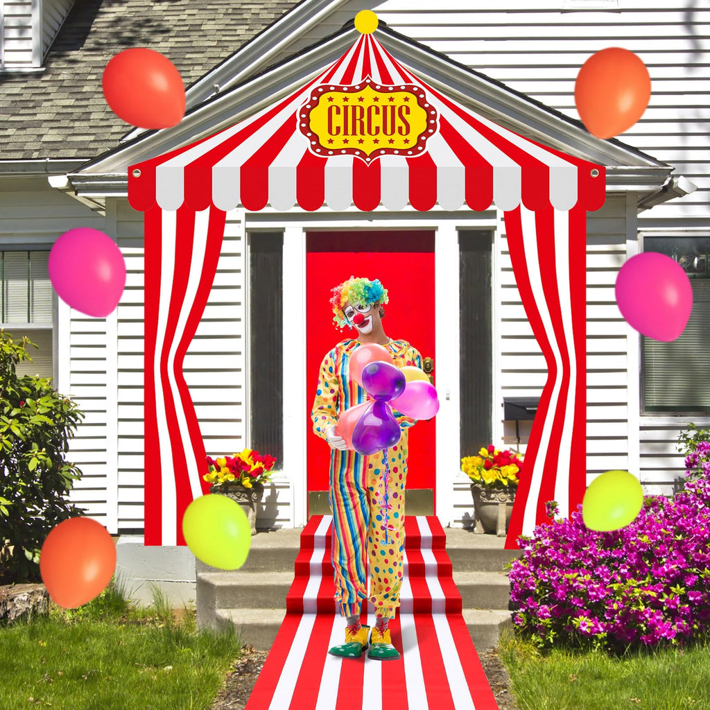 Fanfanwin 4 Pcs Carnival Circus Tent Decorations – Entryway Awning, Banners & Floor Runner