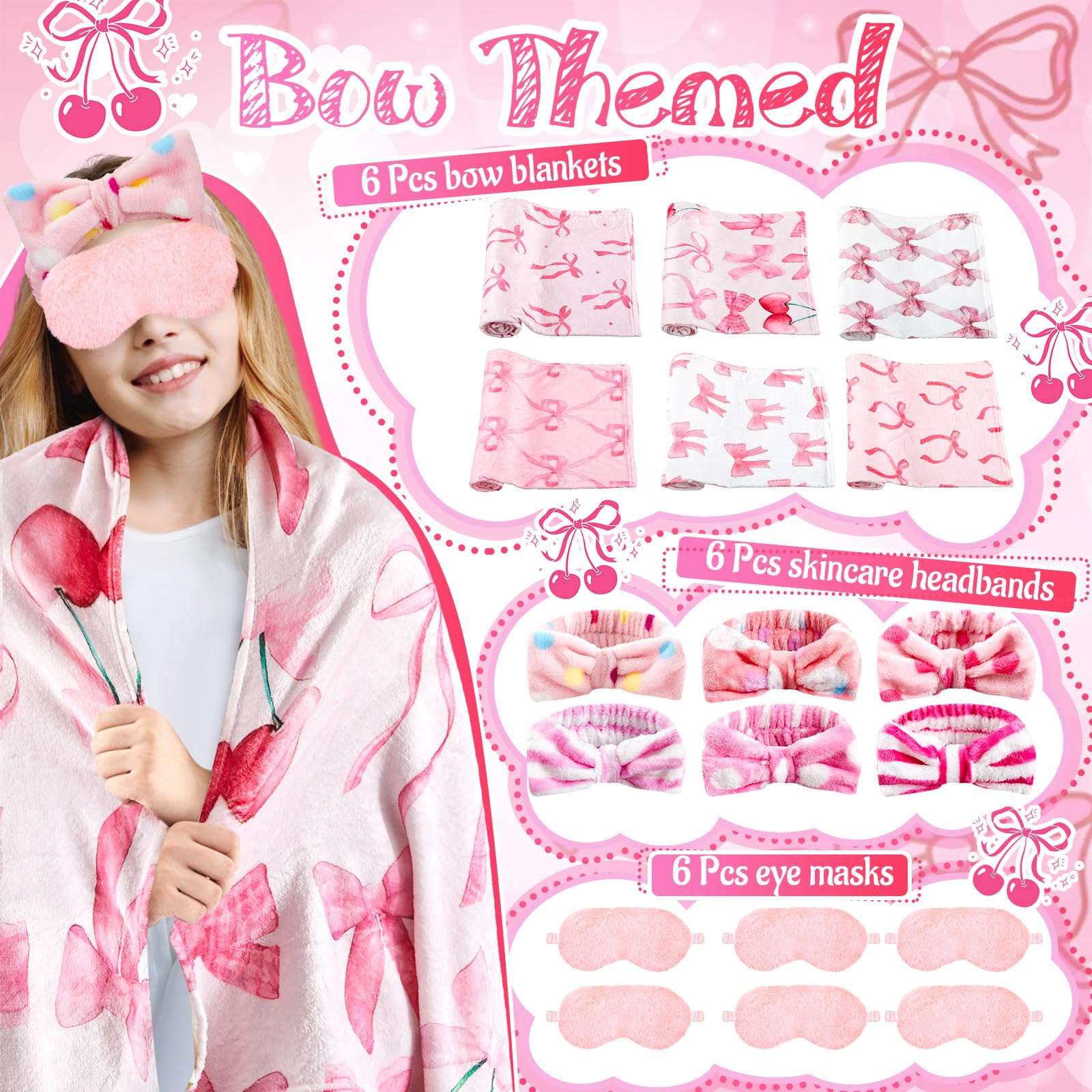 Fanfanwin 18-Piece Sleepover Party Supplies for Girls – Pink Bow Blanket, Headbands & Eye Masks