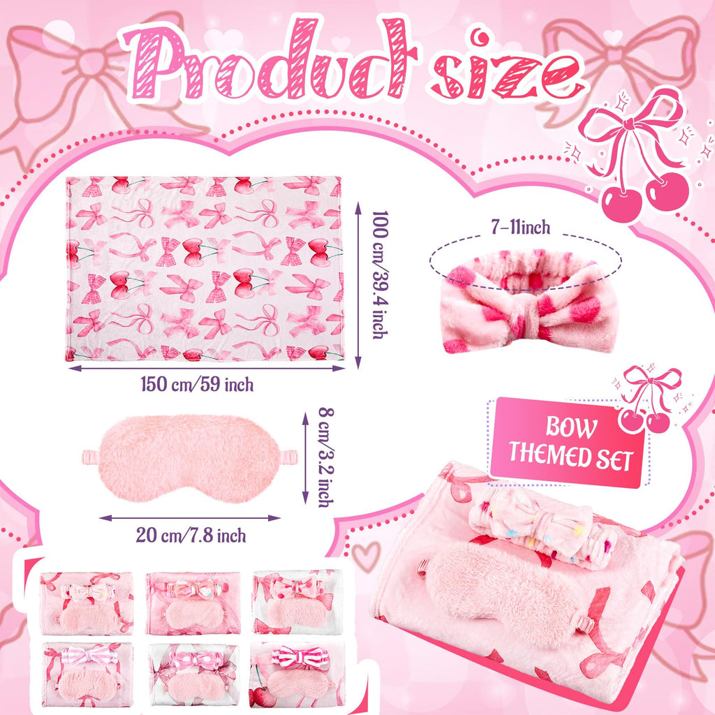 Fanfanwin 18-Piece Sleepover Party Supplies for Girls – Pink Bow Blanket, Headbands & Eye Masks