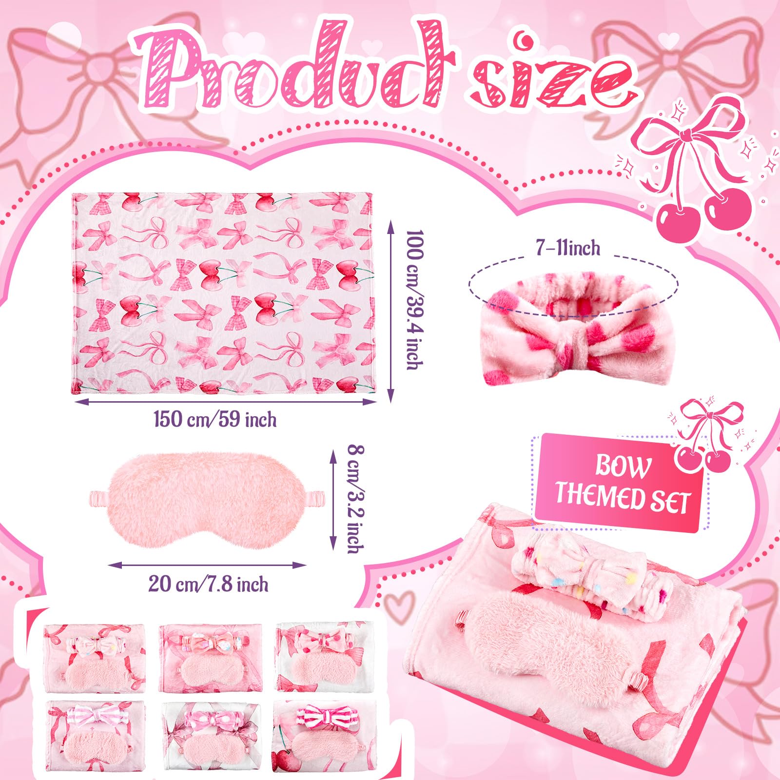 Fanfanwin 18-Piece Sleepover Party Supplies for Girls – Pink Bow Blanket, Headbands & Eye Masks
