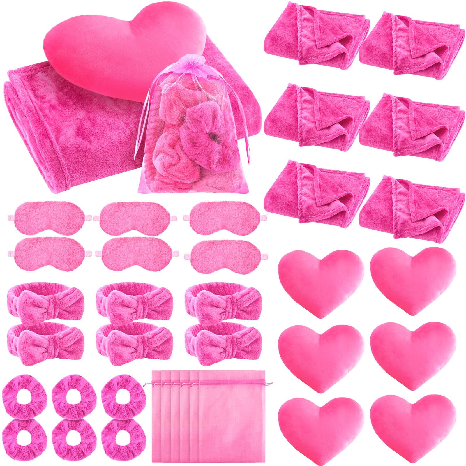 Fanfanwin 36 Pcs Sleepover Party Supplies for Girls – Hot Pink Spa Slumber Kit with Blankets, Pillows, Headbands, Scrunchies, Eye Masks & Organza Bags