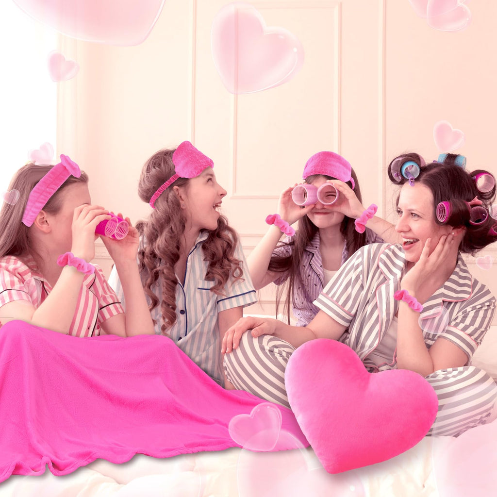 Fanfanwin 36 Pcs Sleepover Party Supplies for Girls – Hot Pink Spa Slumber Kit with Blankets, Pillows, Headbands, Scrunchies, Eye Masks & Organza Bags