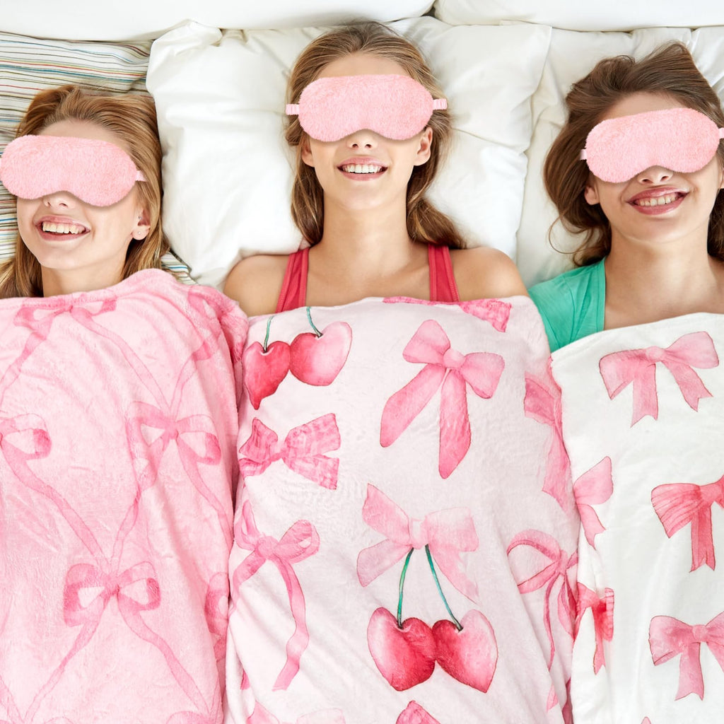 Fanfanwin 18-Piece Sleepover Party Supplies for Girls – Pink Bow Blanket, Headbands & Eye Masks