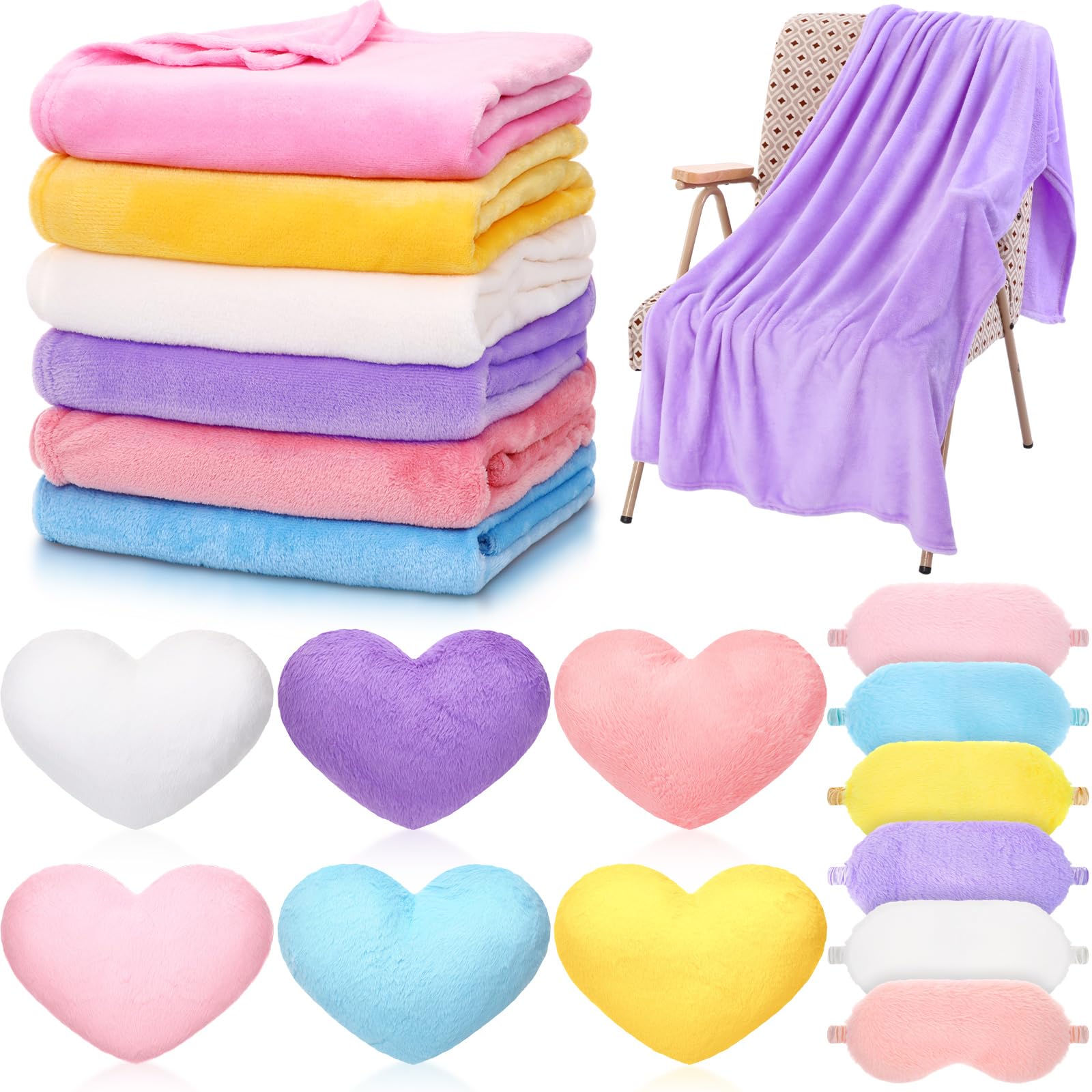 Fanfanwin 18-Piece Kids Sleepover Party Supplies Set | Cozy Fleece Blankets, Heart Pillows & Sleep Masks