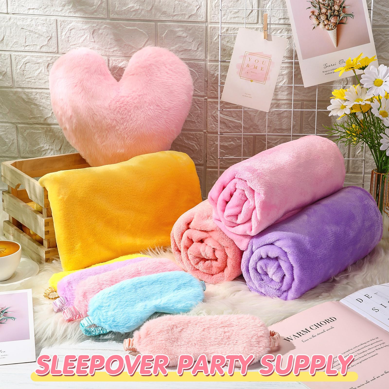 Fanfanwin 18-Piece Kids Sleepover Party Supplies Set | Cozy Fleece Blankets, Heart Pillows & Sleep Masks