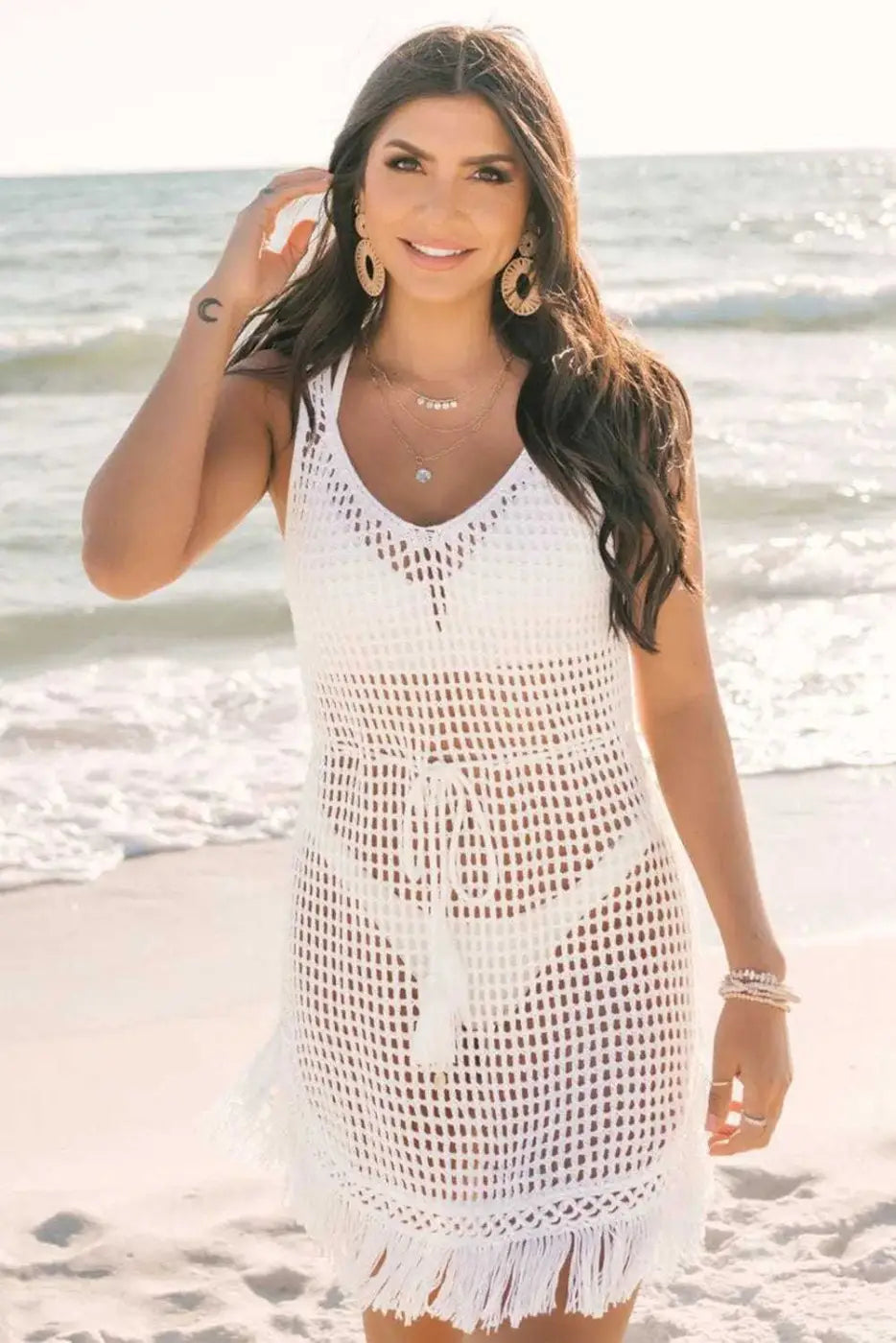 White Crochet Fishnet Beach Cover-Up Women UK | Boho Fringe S–XL