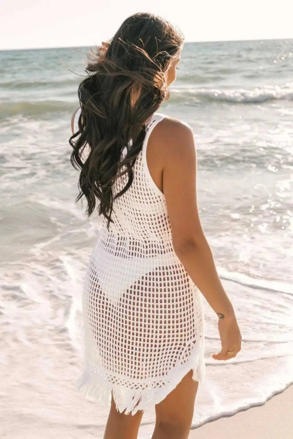 White Crochet Fishnet Beach Cover-Up Women UK | Boho Fringe S–XL