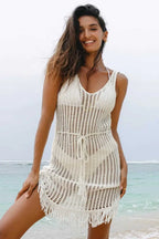White Crochet Fishnet Beach Cover-Up Women UK | Boho Fringe S–XL