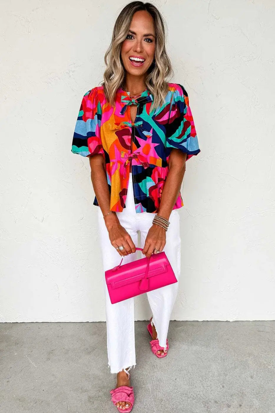Red Abstract Floral Puff Sleeve Peplum Blouse Women UK