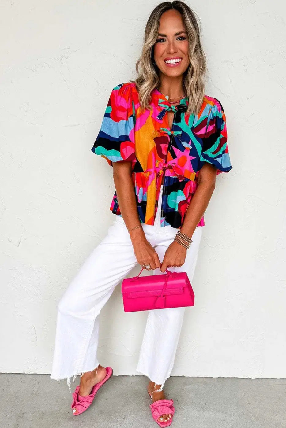 Red Abstract Floral Puff Sleeve Peplum Blouse Women UK