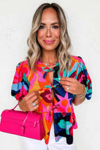 Red Abstract Floral Puff Sleeve Peplum Blouse Women UK