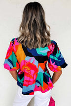Red Abstract Floral Puff Sleeve Peplum Blouse Women UK