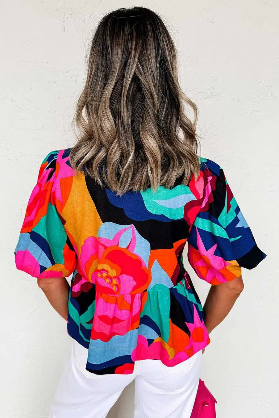 Red Abstract Floral Puff Sleeve Peplum Blouse Women UK