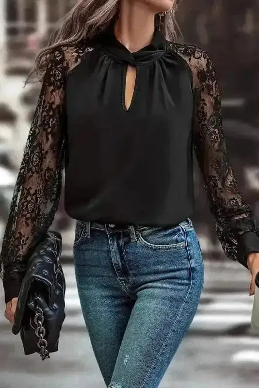 Black Lace Sleeve V-Neck Blouse Women UK | Elegant