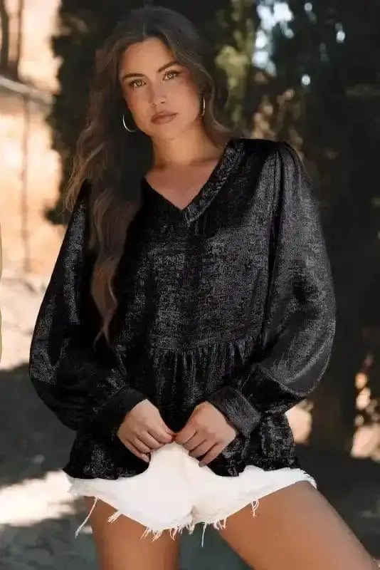 Metallic Velvet Babydoll Puff Sleeve Blouse Women UK | Glam