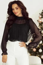 Black Polka Dot Lace Illusion Blouse Women UK | Elegant