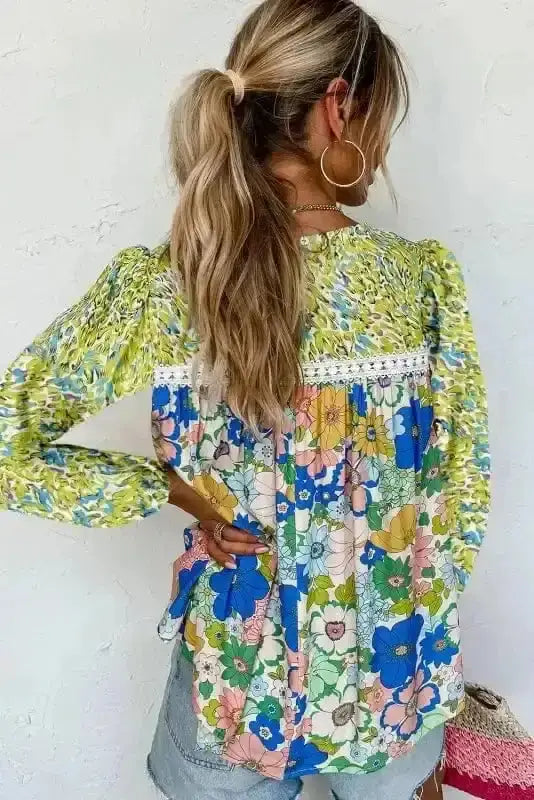 Green Floral Puff Sleeve Spring Blouse Women UK | Blossom