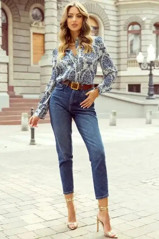 Blue Boho Lace Splicing Floral Blouse Women UK | Spring