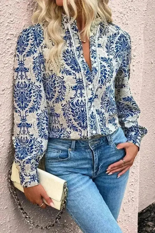 Blue Boho Lace Splicing Floral Blouse Women UK | Spring