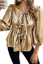 Gold Bow Tie Puff Sleeve Ruffle Blouse Women UK | Elegant