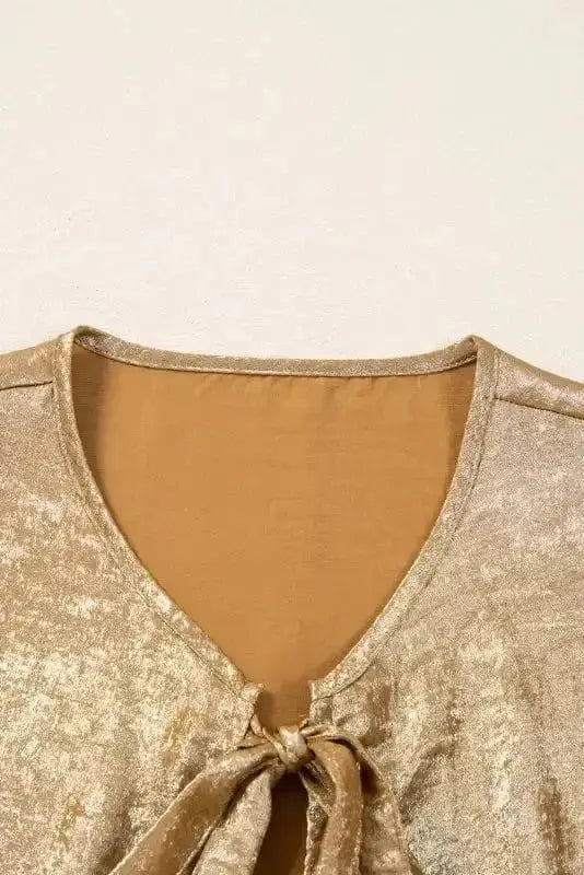 Gold Bow Tie Puff Sleeve Ruffle Blouse Women UK | Elegant