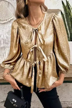 Gold Bow Tie Puff Sleeve Ruffle Blouse Women UK | Elegant