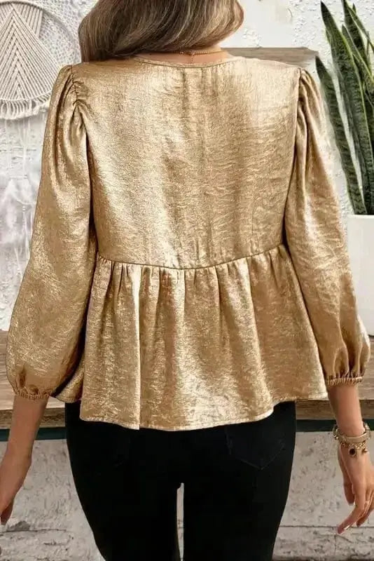 Gold Bow Tie Puff Sleeve Ruffle Blouse Women UK | Elegant