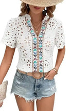 Aztec Embroidered V-Neck Peekaboo Blouse Women UK | Boho