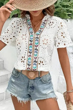 Aztec Embroidered V-Neck Peekaboo Blouse Women UK | Boho