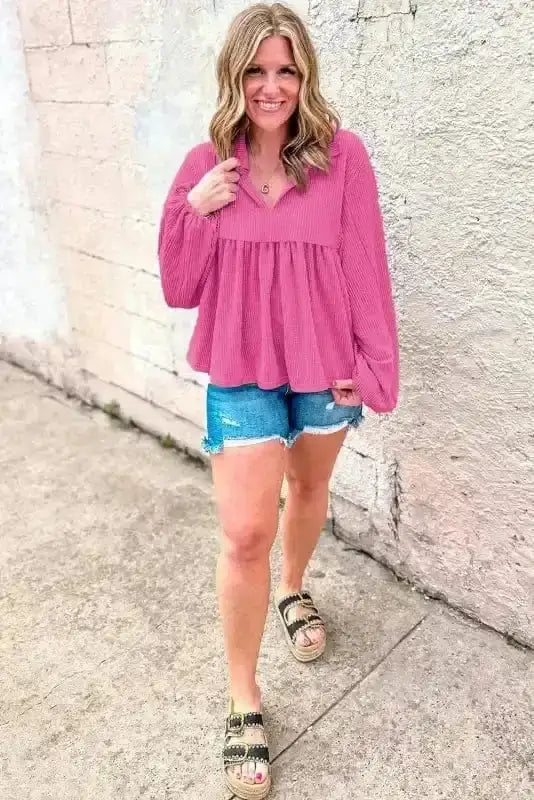 Corded V-Neck Bubble Sleeve Blouse Women UK