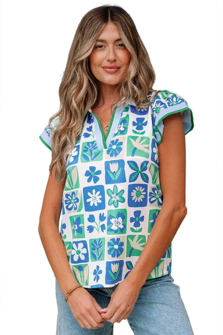 Green Floral Geometric Flutter Blouse with Collar & Contrast Trim