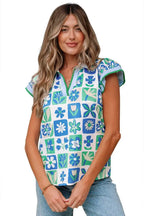Green Floral Geometric Flutter Blouse with Collar & Contrast Trim