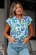 Green Floral Geometric Flutter Blouse with Collar & Contrast Trim