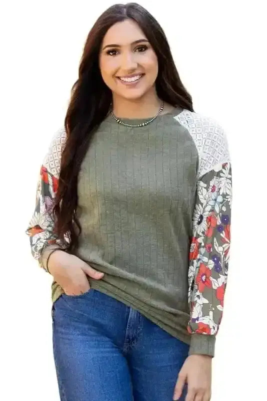 Floral Colour Block Ribbed Blouse Women UK | Mosaic