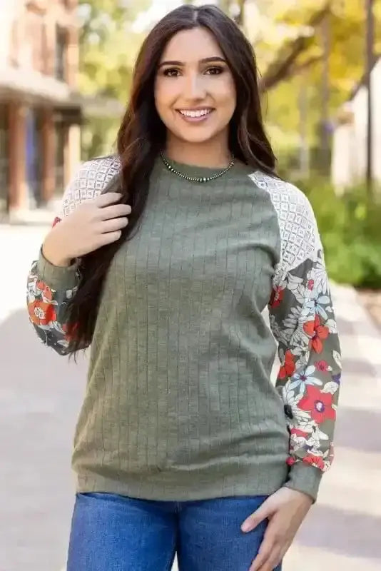 Floral Colour Block Ribbed Blouse Women UK | Mosaic