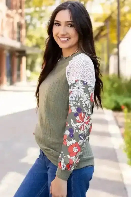 Floral Colour Block Ribbed Blouse Women UK | Mosaic